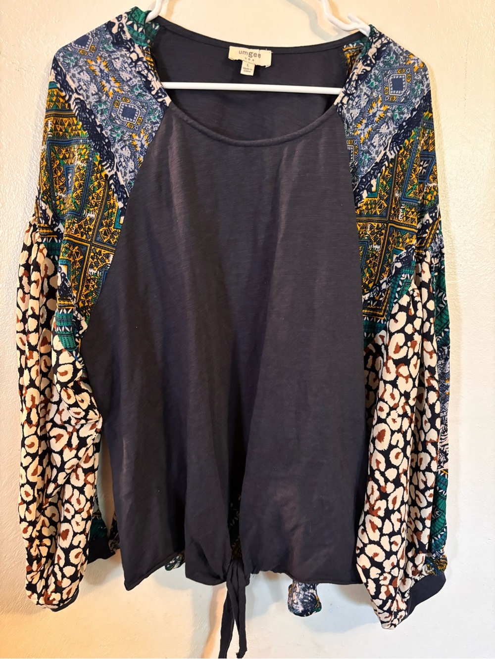 Umgee Navy Mixed-Print Tie-Hem Pullover with Patterned Sleeves